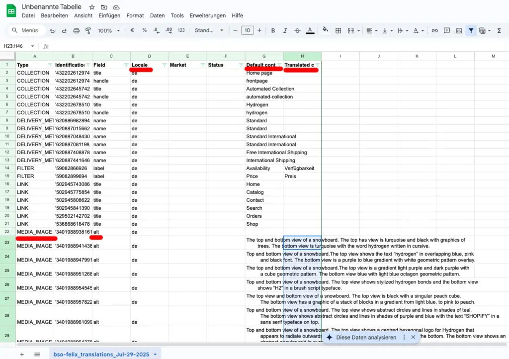 CSV Datei öffnen und Übersetzung einpflegen